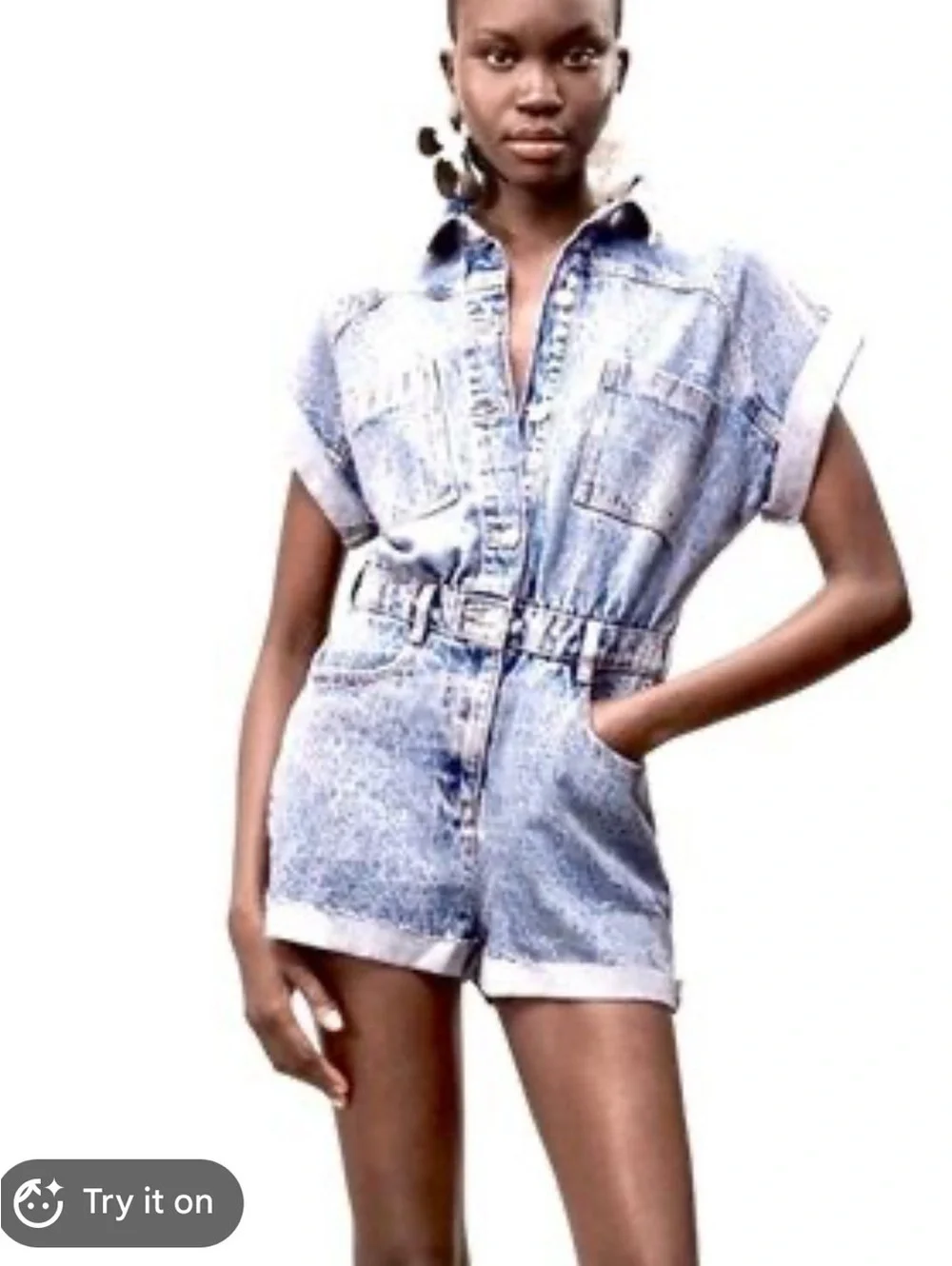 ZARA Light Blue Acid‑Wash Denim Romper – Size XS (Fits Small)